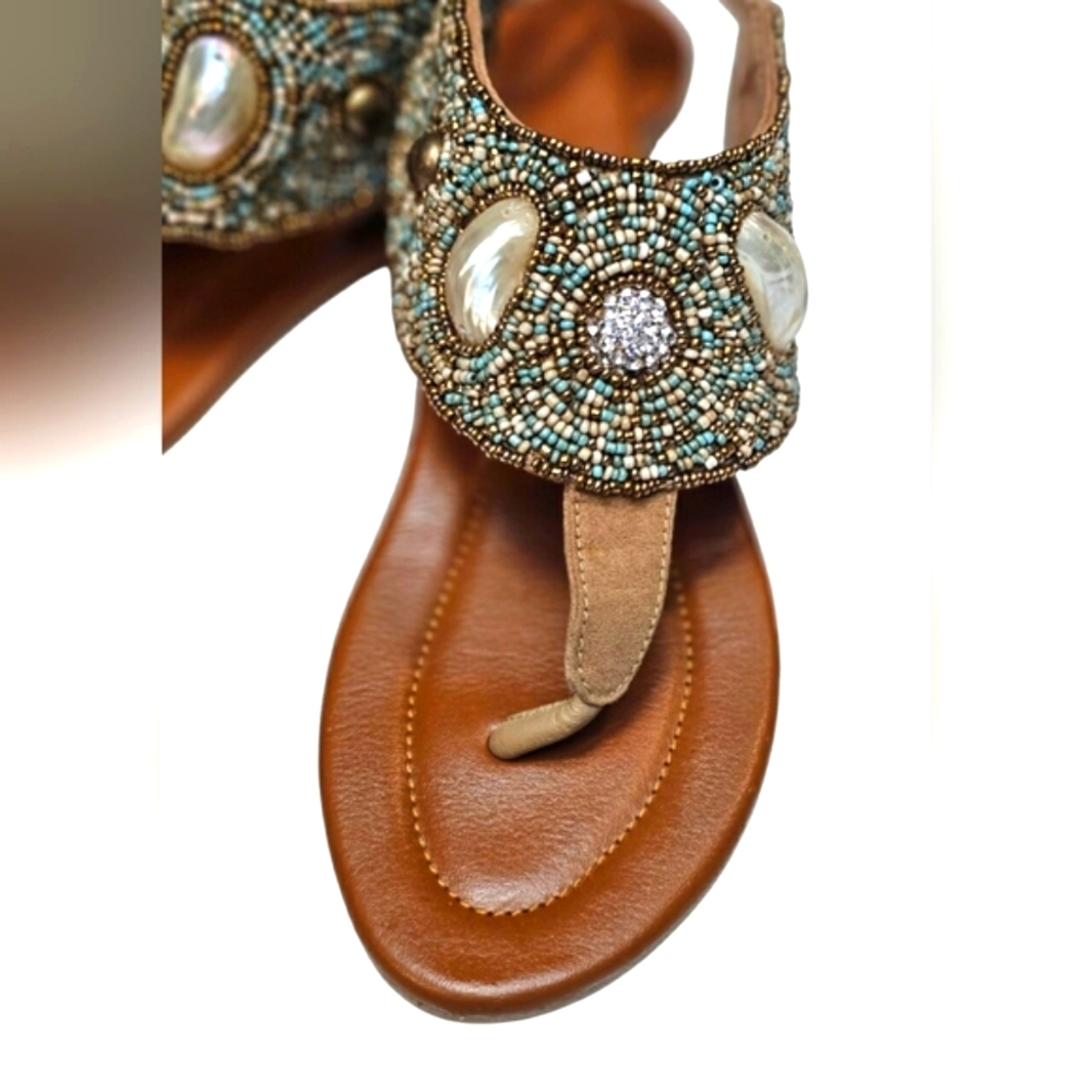 Skemo Luxury Bead Embroidered Tan Turquoise Ankle Strap Sandals Shell Details - Picture 4 of 13